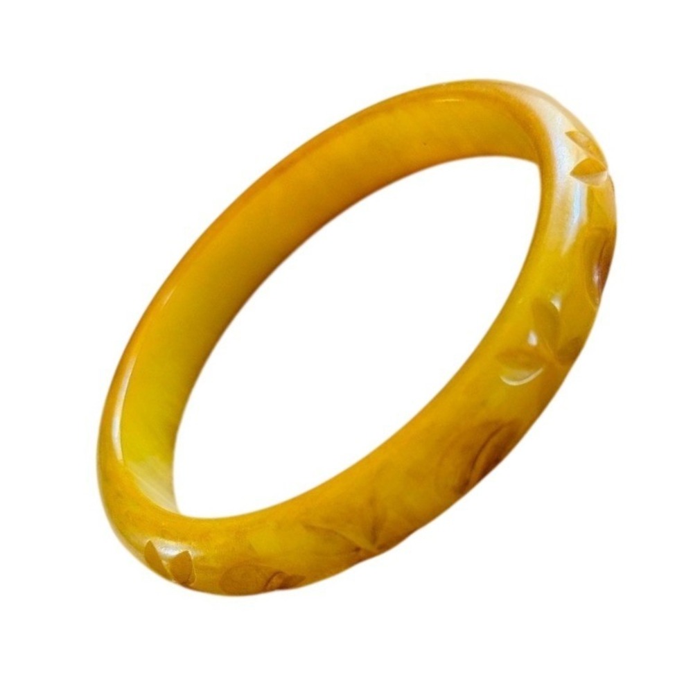 VTG Carved Yellow Egg Yolk Bakelite Bangle Bracelet Tested Art Deco Original